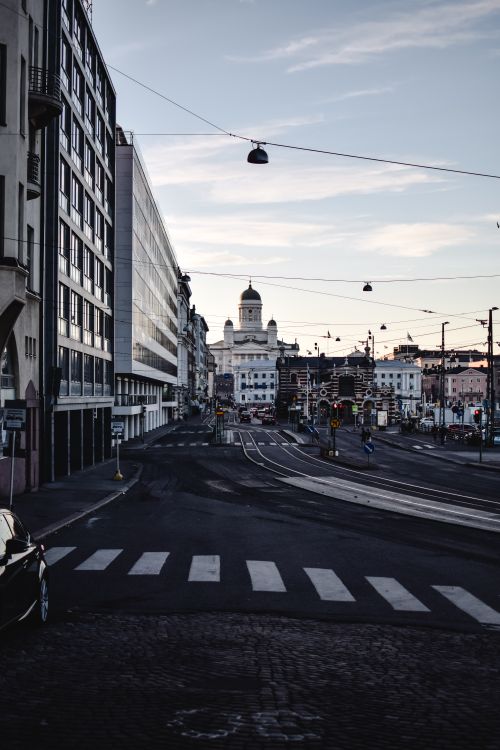 Free Urban street view of Helsinki with Helsinki Cathedral in the distance at twilight. Stock Photo