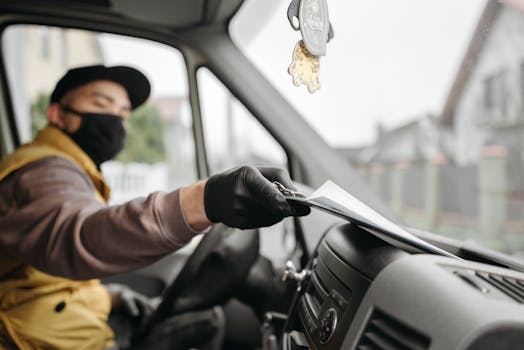 A deliveryman in a vehicle, wearing black gloves and a mask, holds a clipboard.