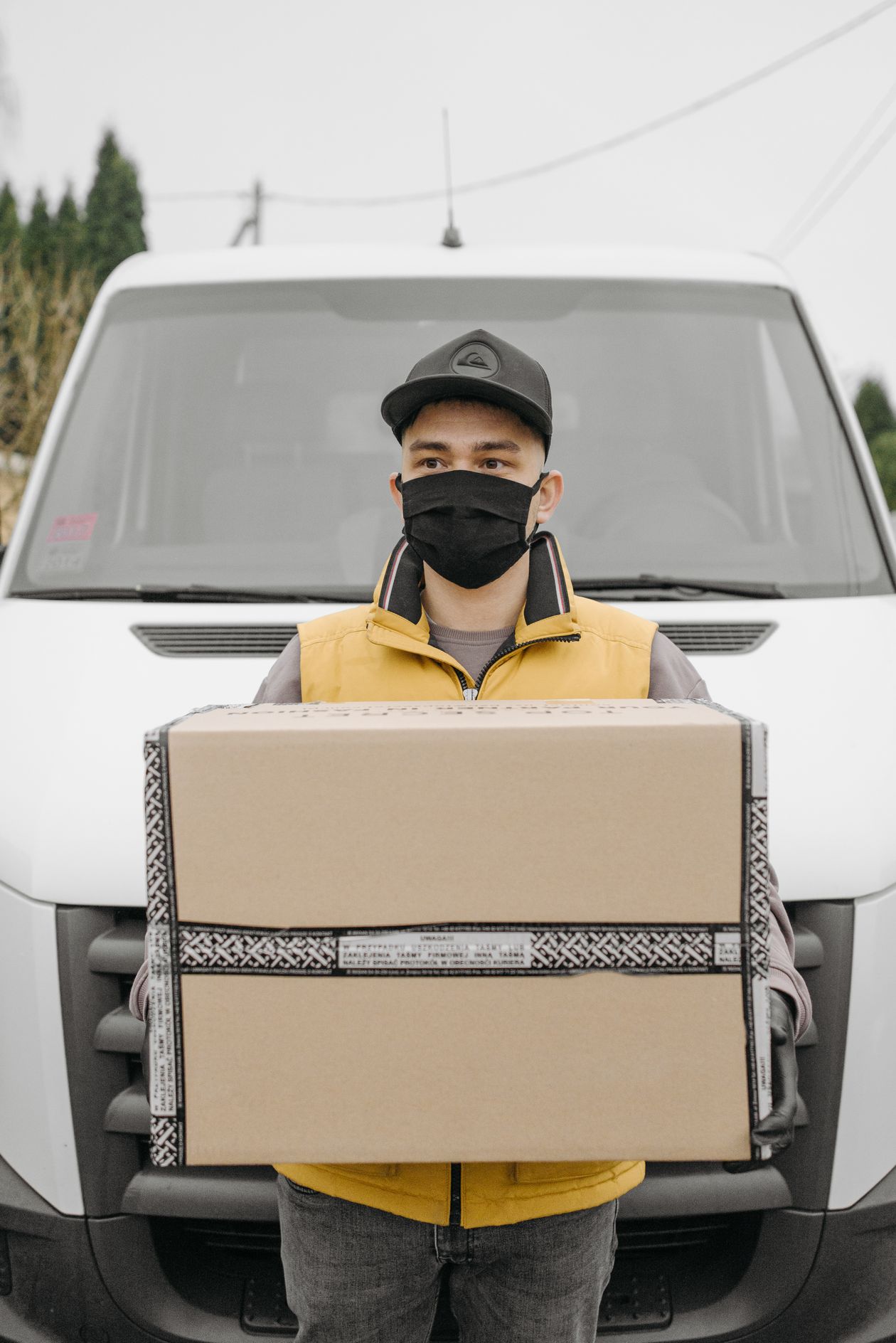 Courier with parcel at delivery van