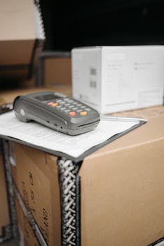 Close-up of a payment terminal on documents and packages, ideal for depicting cashless delivery services.