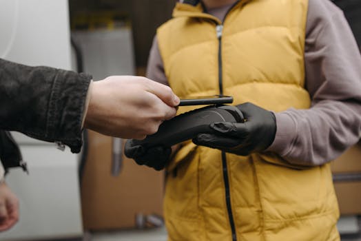 A close-up of a contactless payment made using a cellphone and a payment terminal held by a courier.