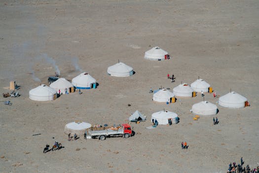 Aerial view of traditional yurts and people in a remote desert setting.