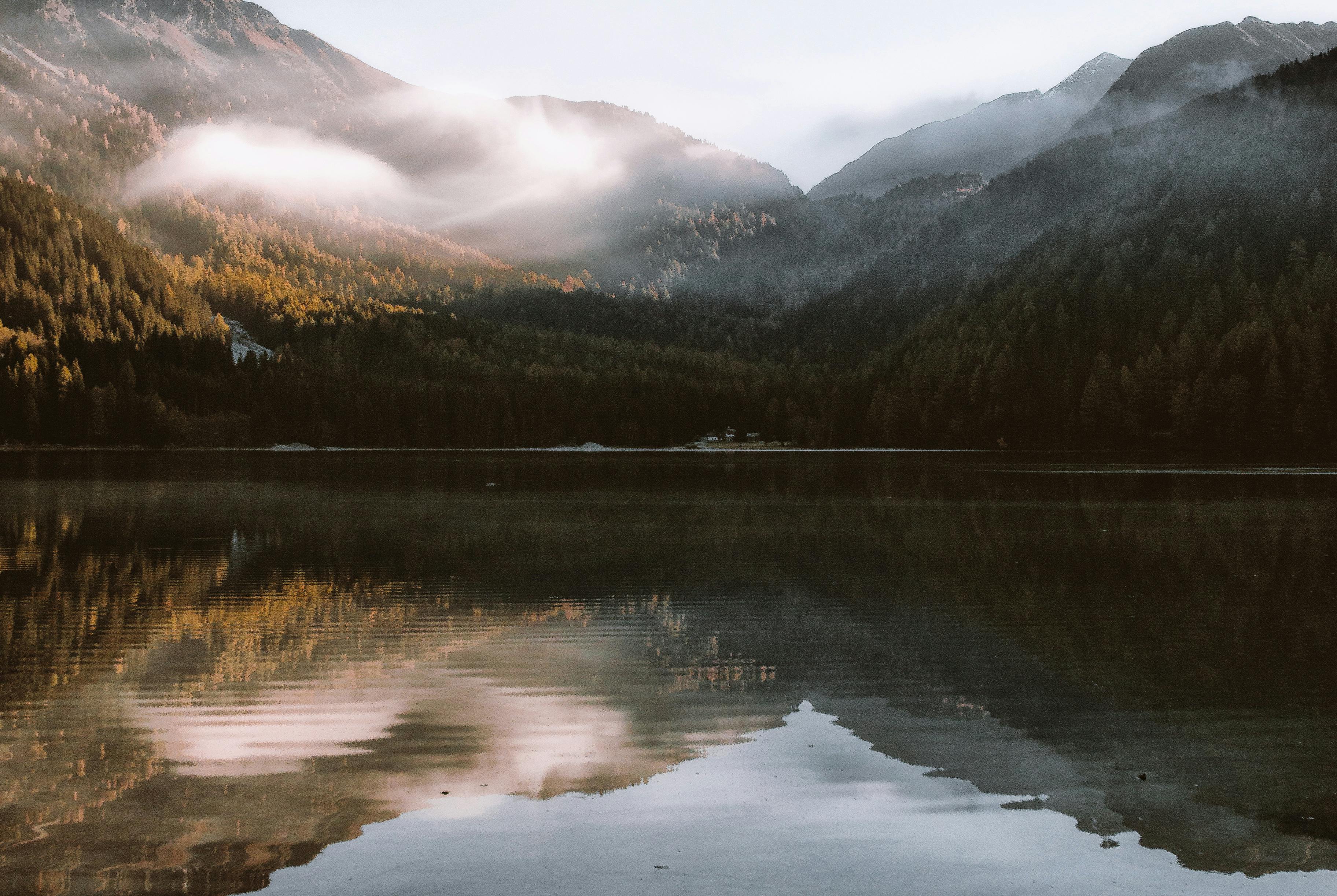 日出时分，宁静的山区湖泊与秋叶、雾气构成了一幅完美的和平自然壁纸