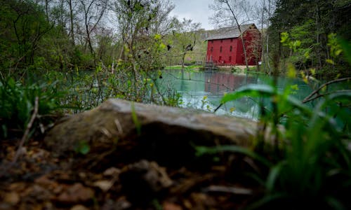 Free stock photo of alake, red barn, red mill