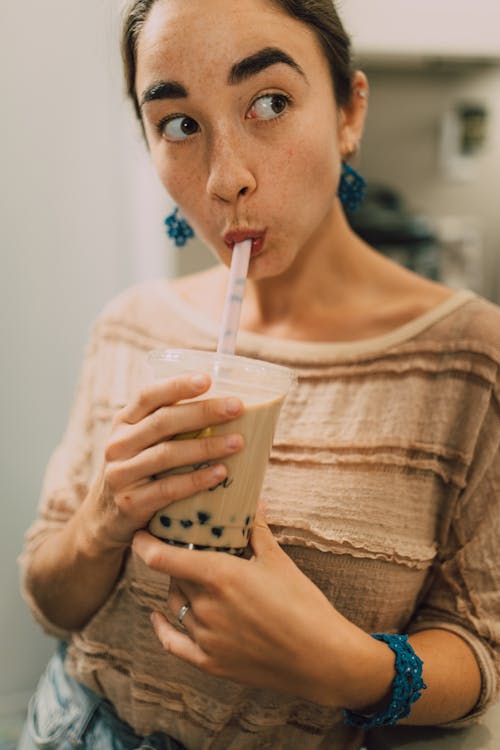 Free Woman Drinking Boba Tea Stock Photo
