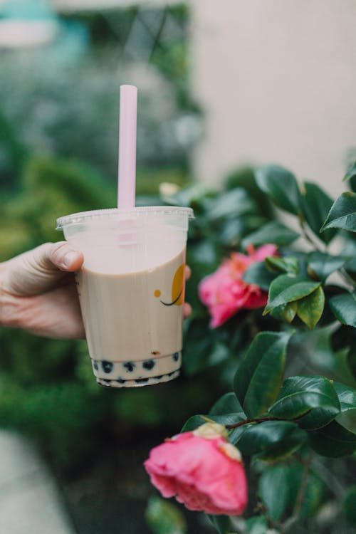 Free A Hand Holding a Plastic Cup with Milk Tea Stock Photo