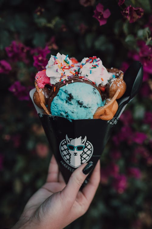 Person Holding Black and White Ice Cream Cone With Pink Flowers