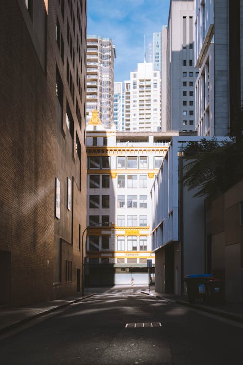 Empty narrow asphalt road between modern multistage buildings and skyscrapers on sunny day in city