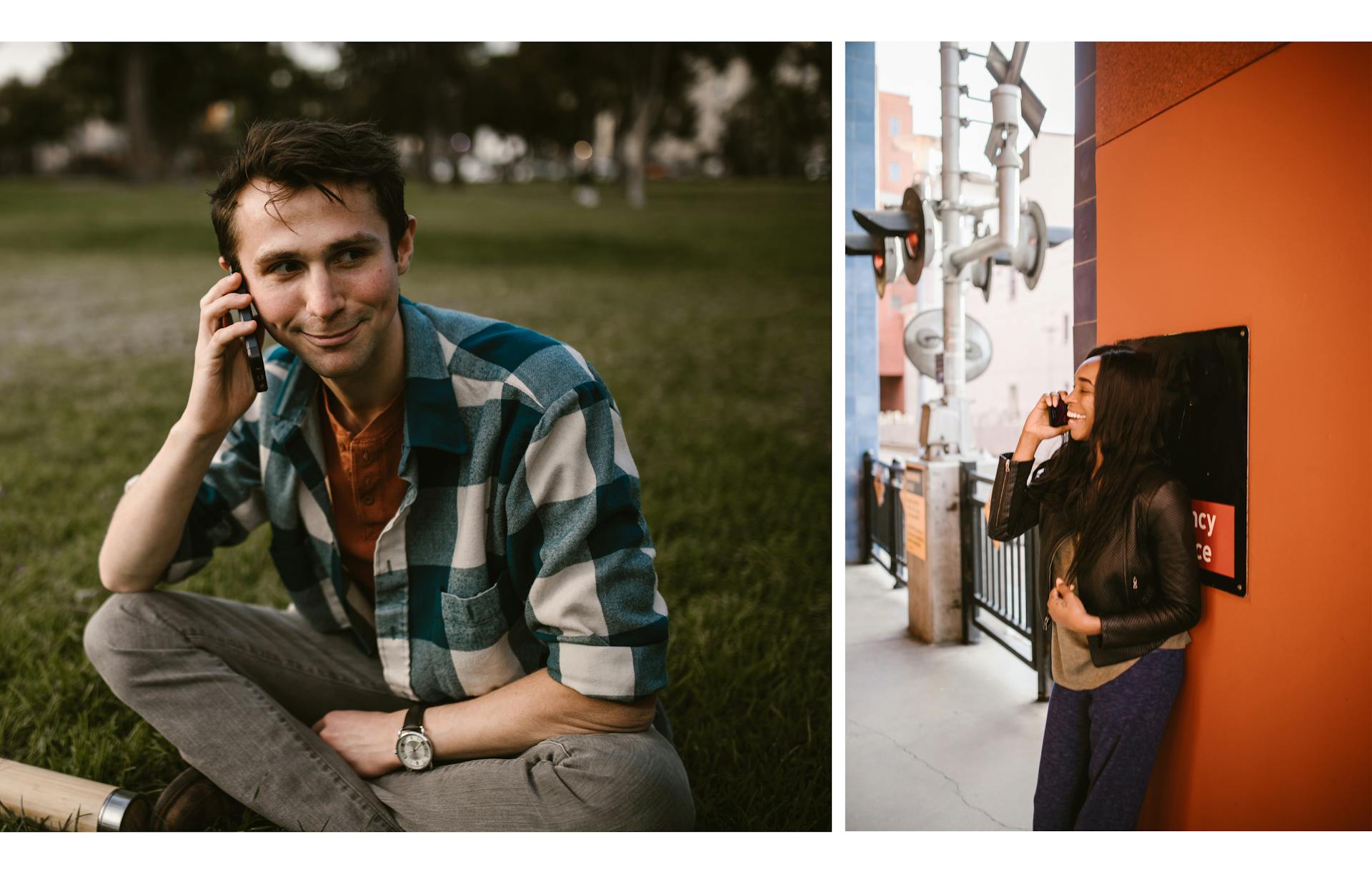 Young friends enjoying a phone conversation from different locations, embodying long-distance friendship.