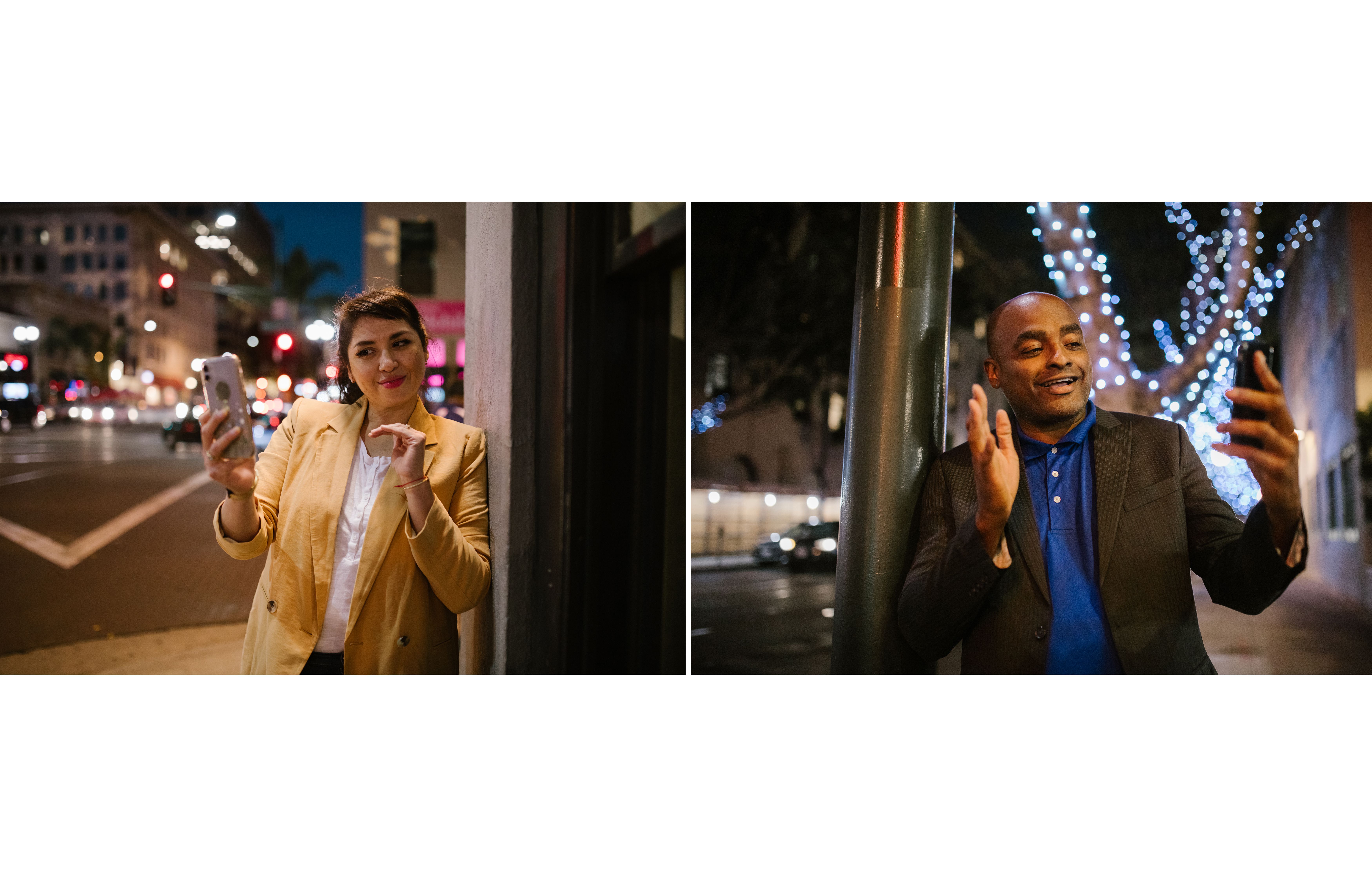 Two professionals on a video call, connecting in an urban night setting, waving to each other.