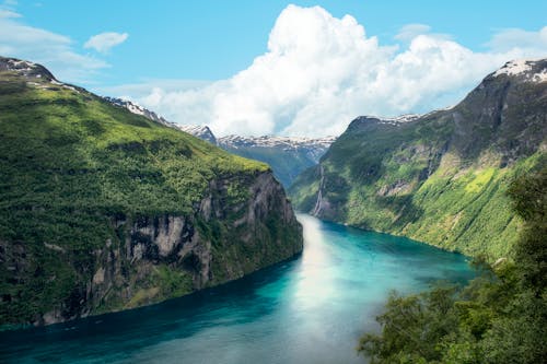 Aerial View of River between Mountains