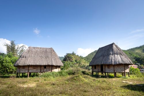 Free Traditional wooden bungalows made of bamboo and straw located in grassy terrain in tribal settlement Stock Photo