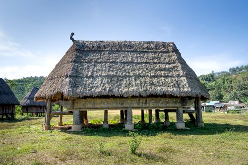 Free Shabby shack with thatched roof located on grassy ground in small settlement in countryside with green trees on summer day Stock Photo