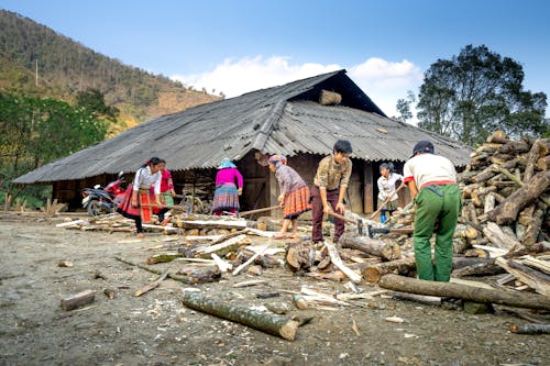 Group of local Asian people working with firewood while standing in suburb area near shabby wooden hut against mountain ridge