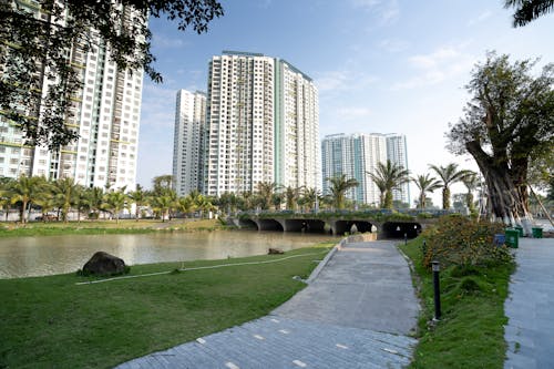Tall residential city buildings located on calm riverside near arched bridge under blue sky on summer day in tropical country