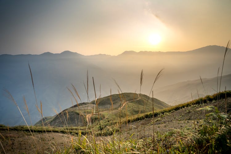 Foggy Mountains With Grass And Path At Sunset