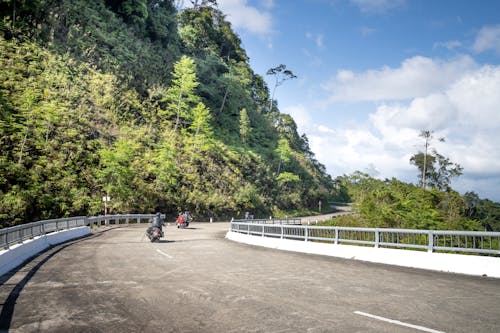 Back view of unrecognizable motorcyclists driving bikes on asphalt roadway with fences against lush trees on mount under cloudy blue sky