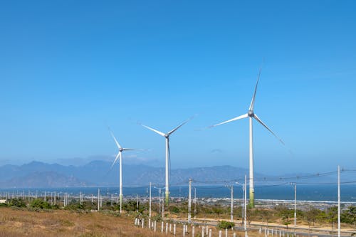 Scenery view of wind turbines in row on terrain with plants against ocean and mounts in daytime