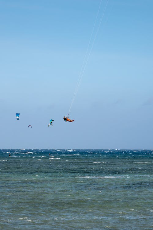 Distant unrecognizable travelers practicing wakeskating and paragliding over wavy ocean on sunny day