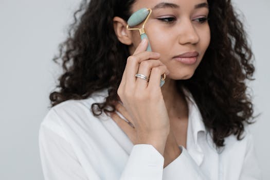 Close-up of a young woman using a jade roller for her skincare routine, promoting self-care.
