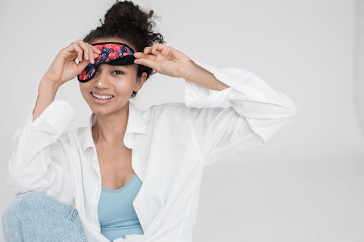 Smiling woman with eye mask embracing self-care in a clean and stylish setting.