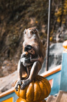Mother macaque cuddles baby on a temple pillar in Malaysia, capturing a tender wildlife moment.