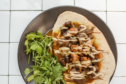 Close-up of savory curry served on naan with fresh cilantro, perfect for food enthusiasts.