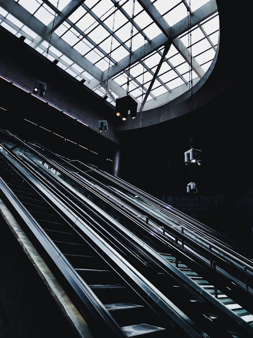 Modern building with escalators and glass roof