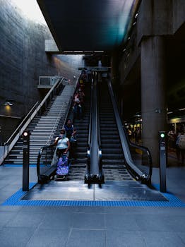 People commuting on escalator in urban subway, showcasing a busy city lifestyle.