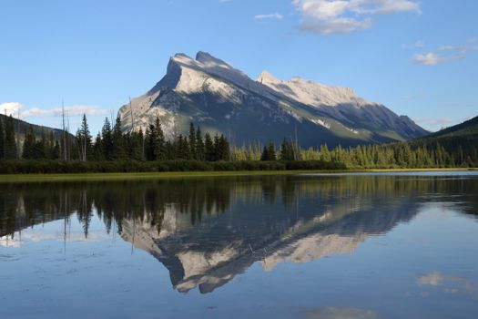 Serene landscape of a mountain reflected in a calm lake under a clear summer sky.