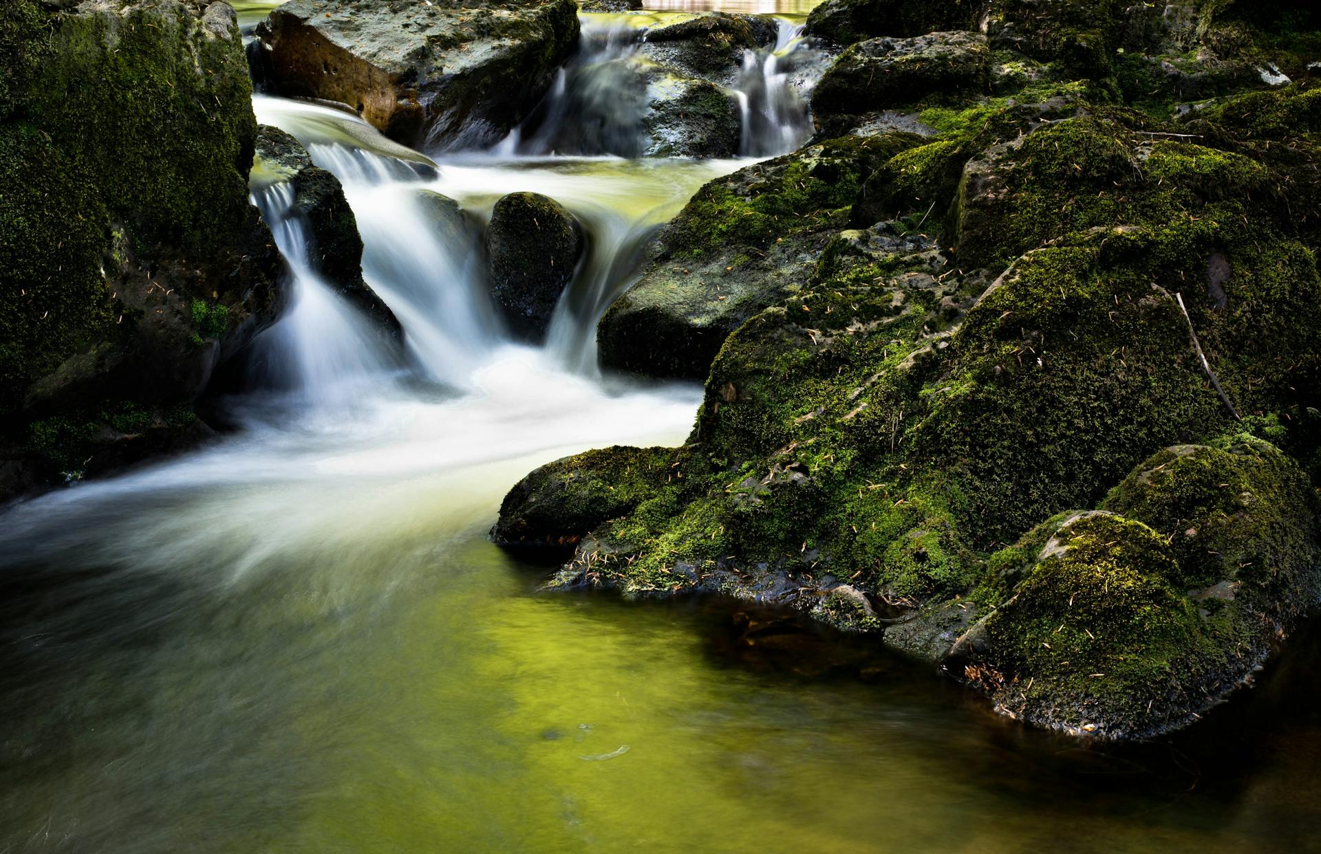 Captivating image of a mountain creek flowing smoothly over moss-covered rocks, evoking tranquility.