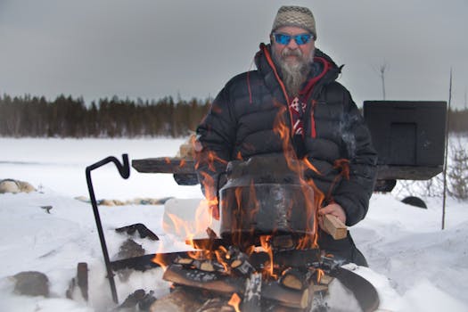 A man enjoys outdoor cooking by a fire in snowy Kiruna, Sweden.