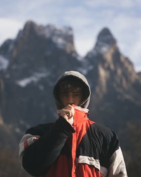 Calm young male traveler in warm outerwear covering mouth with collar and looking at camera during trip in mountains in winter