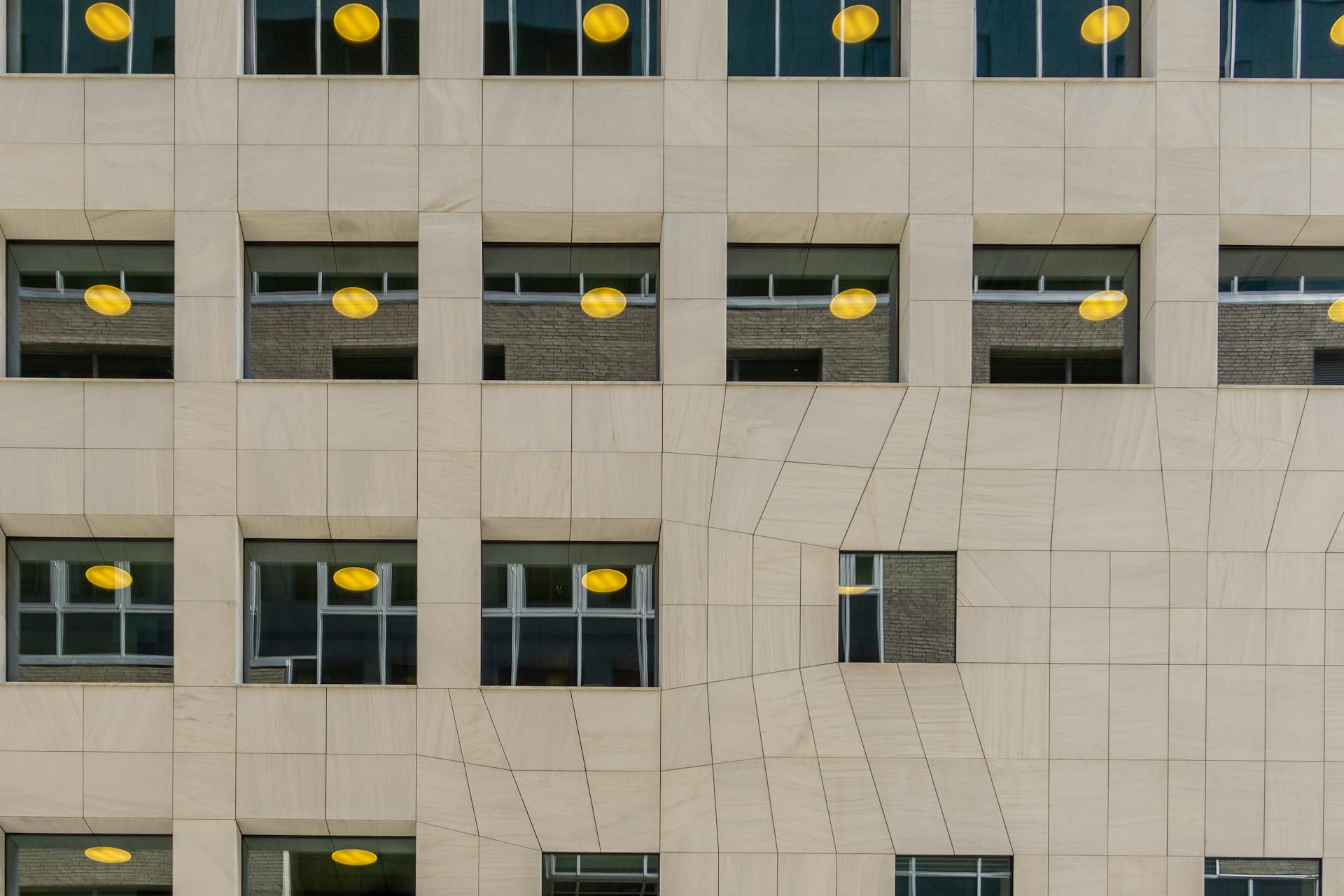 Contemporary architecture of a building facade with geometric patterns in Oslo, Norway.