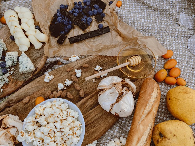 Popcorn And Nuts On The Wooden Tray 