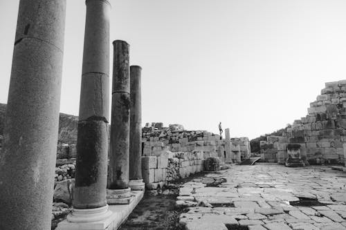 Monochrome Photo of Ancient Pillars on Ruins