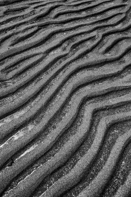 From above of textured surface of wet sandy shore with relief surface in sunny day