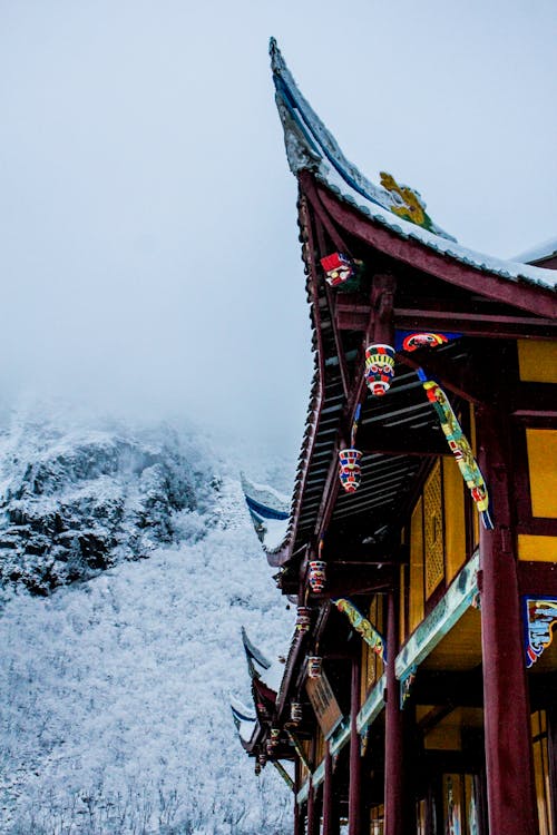 A Buddhist Temple and a Snow Covered Mountain
