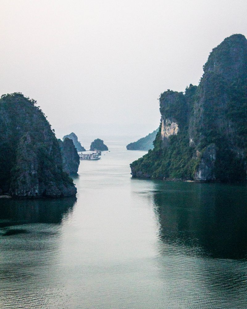 Limestone karsts rising from the water in Ha Long Bay, Vietnam
