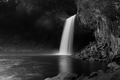A Picturesque Waterfall in Black and White