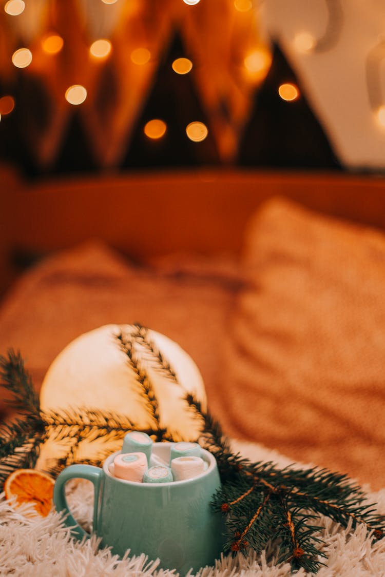 Warm Drink With Marshmallows In Winter Cozy Interior