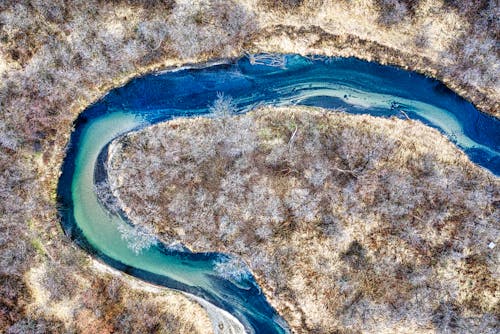 Drone Shot of River and Frosted Forest