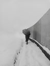 Person in Black Coat Walking on Snow Covered Pathway