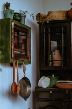 Room interior with wooden cupboard with potted plants and kitchenware near commode with various utensils and pot in light retro apartment