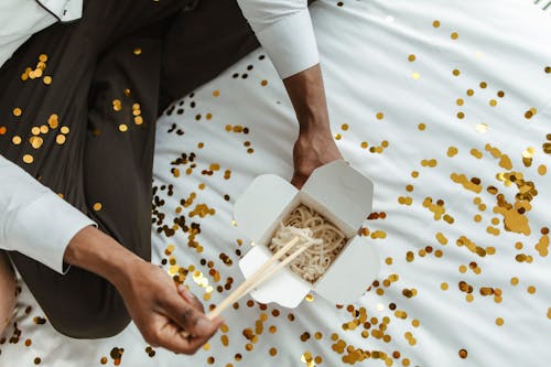 Overhead Shot of Noodles in a Takeout Box