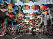 Colorful umbrellas adorn the street of a bustling market in Cañar, Ecuador, creating a vibrant canopy.