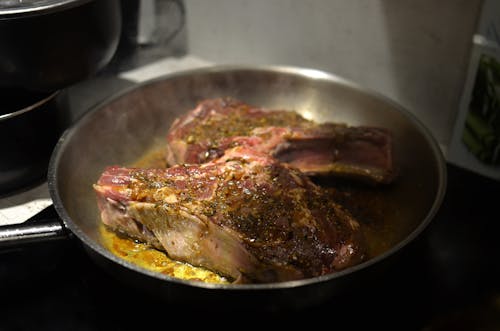 Close Up Photo of Meat on Frying Pan
