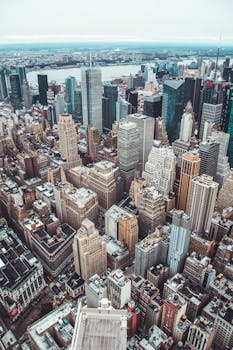 Stunning aerial shot of New York City's skyscrapers showcasing the iconic urban skyline.