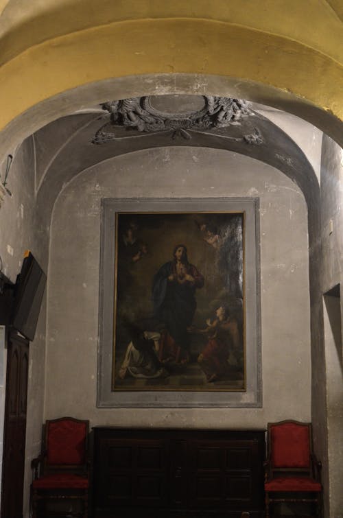 Icon in frame in aged temple with decor