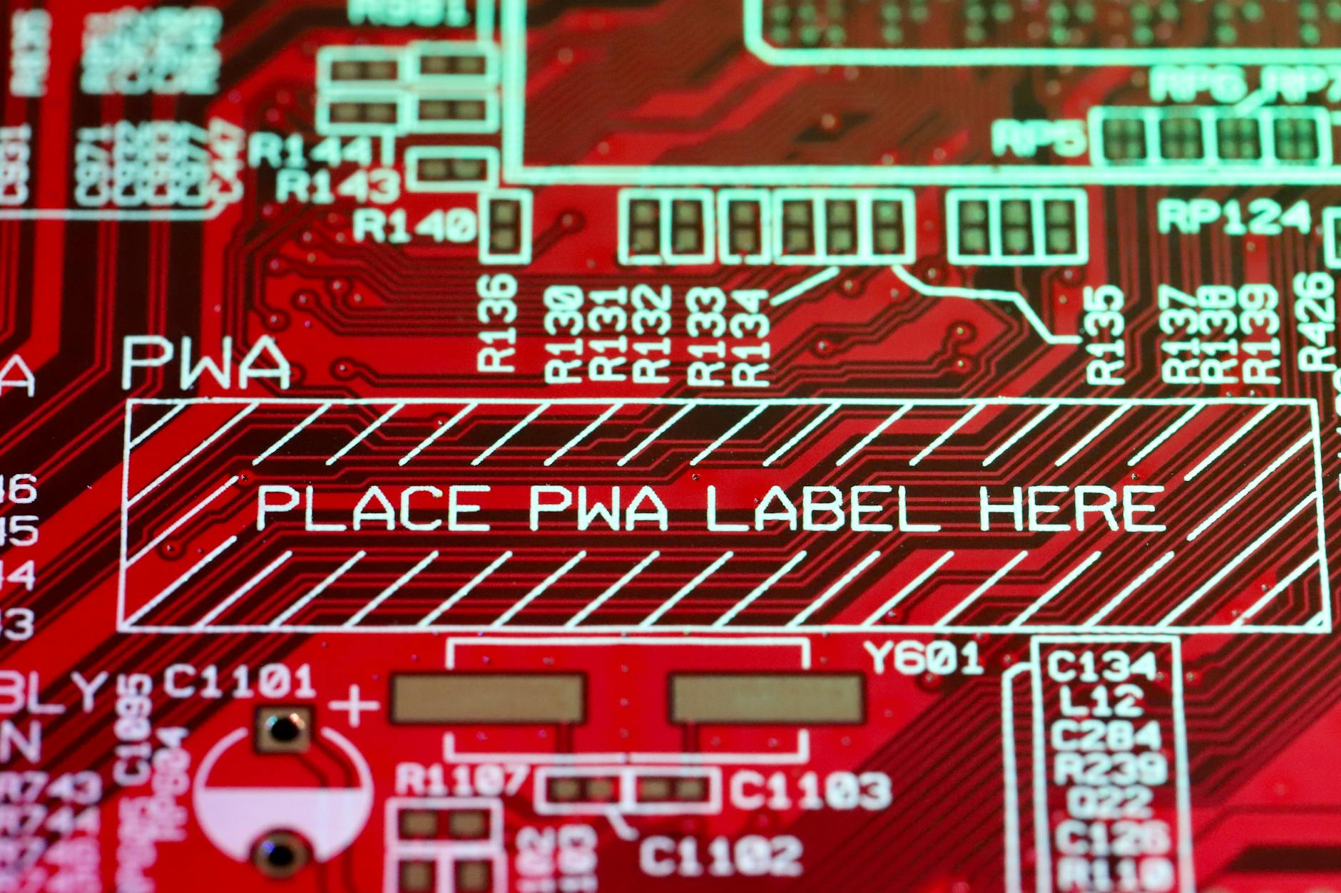 Red digital tech background of colorful circuit board with various numbers and symbols near text written on surface of microchip